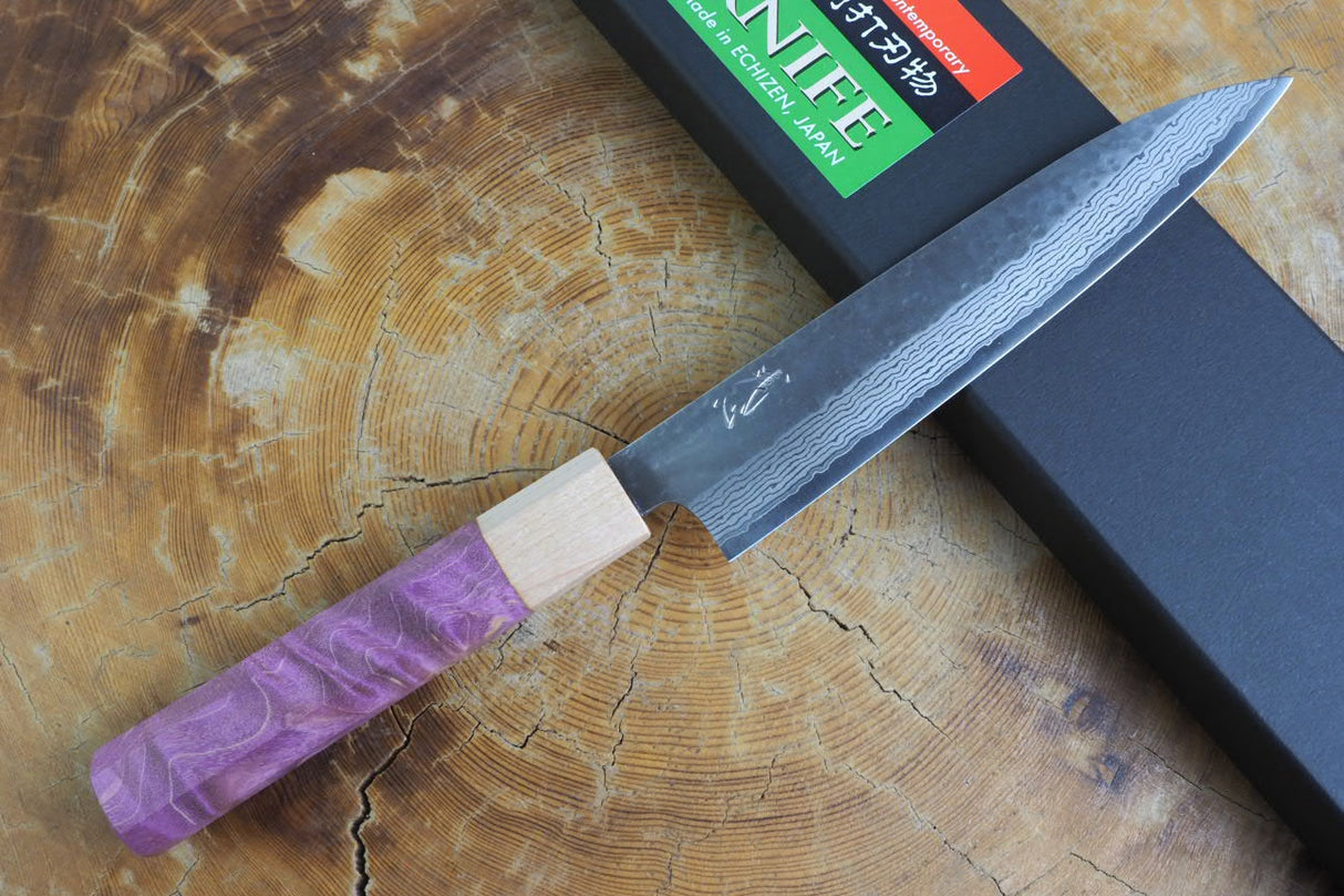 Kamo Knives - VG10 Raindrop Pattern Hammered Petty 15cm with Coloured Stabilized Wood Handle