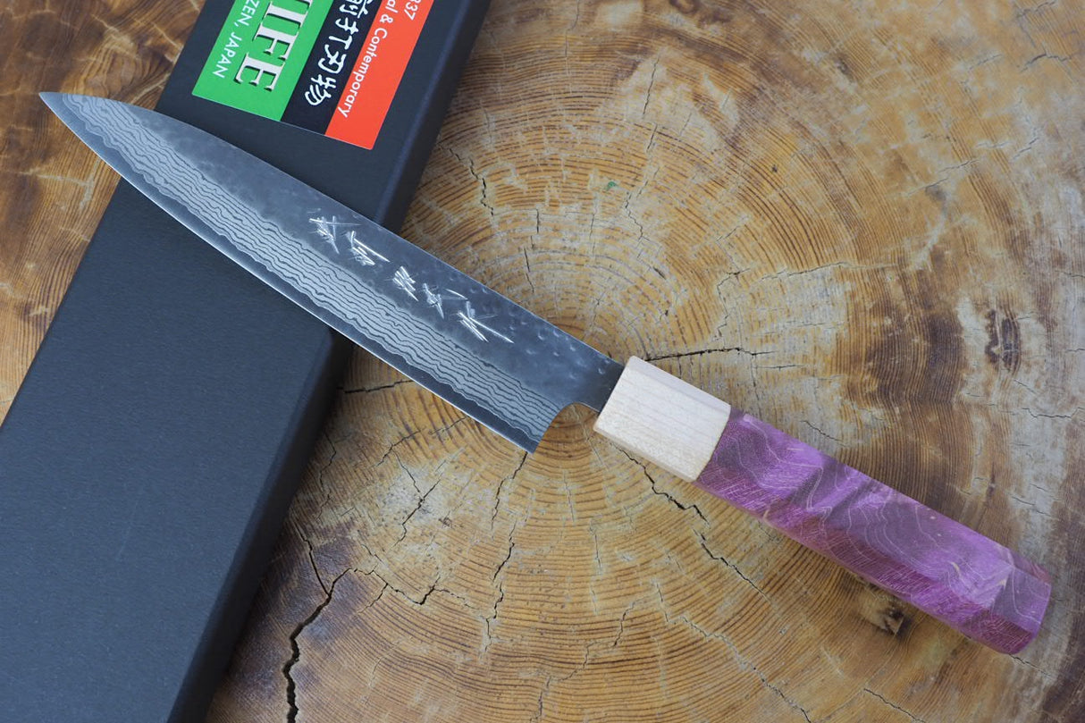 Kamo Knives - VG10 Raindrop Pattern Hammered Petty 15cm with Coloured Stabilized Wood Handle