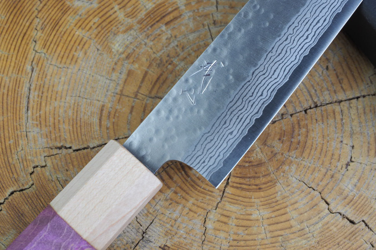 Kamo Knives - VG10 Raindrop Pattern Hammered Petty 15cm with Coloured Stabilized Wood Handle