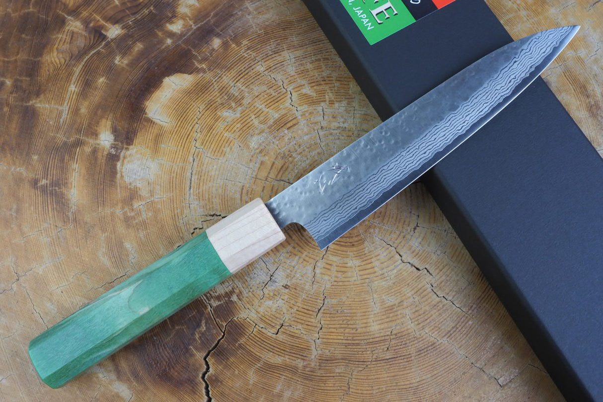 Kamo Knives - VG10 Raindrop Pattern Hammered Petty 15cm with Coloured Stabilized Wood Handle