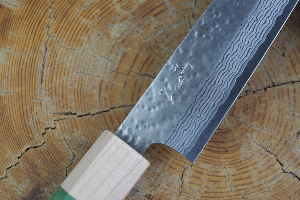 Kamo Knives - VG10 Raindrop Pattern Hammered Petty 15cm with Coloured Stabilized Wood Handle