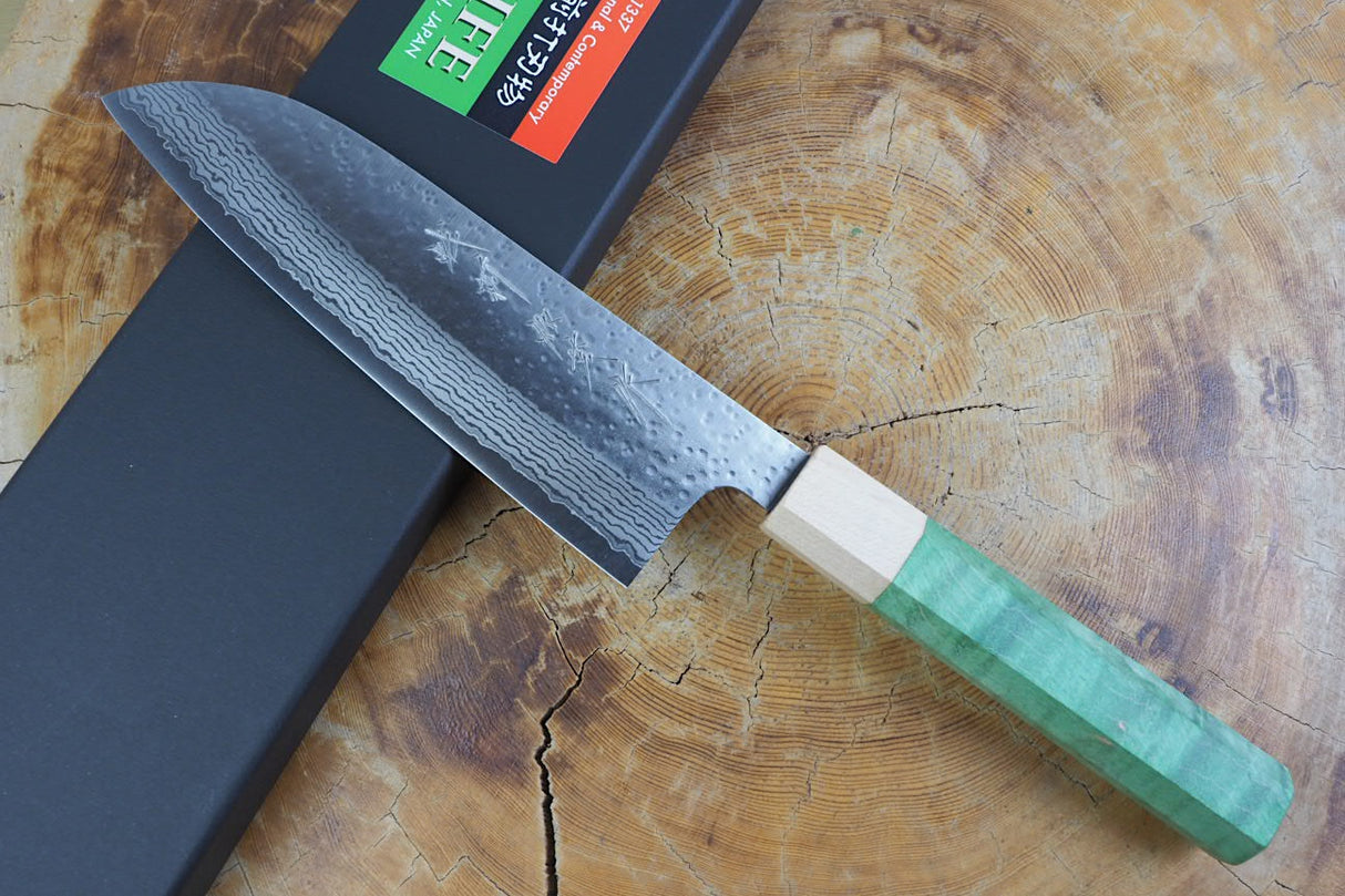 Kamo Knives - VG10 Raindrop Pattern Hammered Santoku 16.5cm with Coloured Stabilized Wood Handle