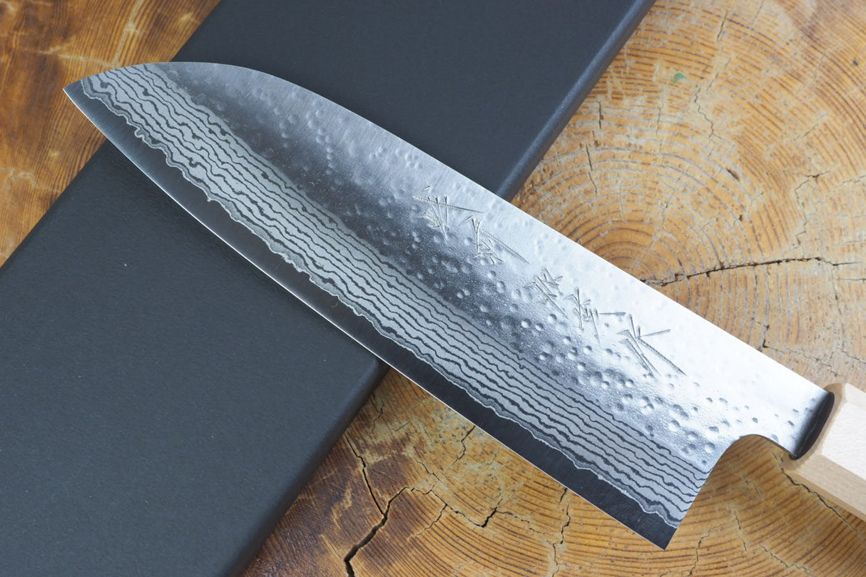 Kamo Knives - VG10 Raindrop Pattern Hammered Santoku 16.5cm with Coloured Stabilized Wood Handle
