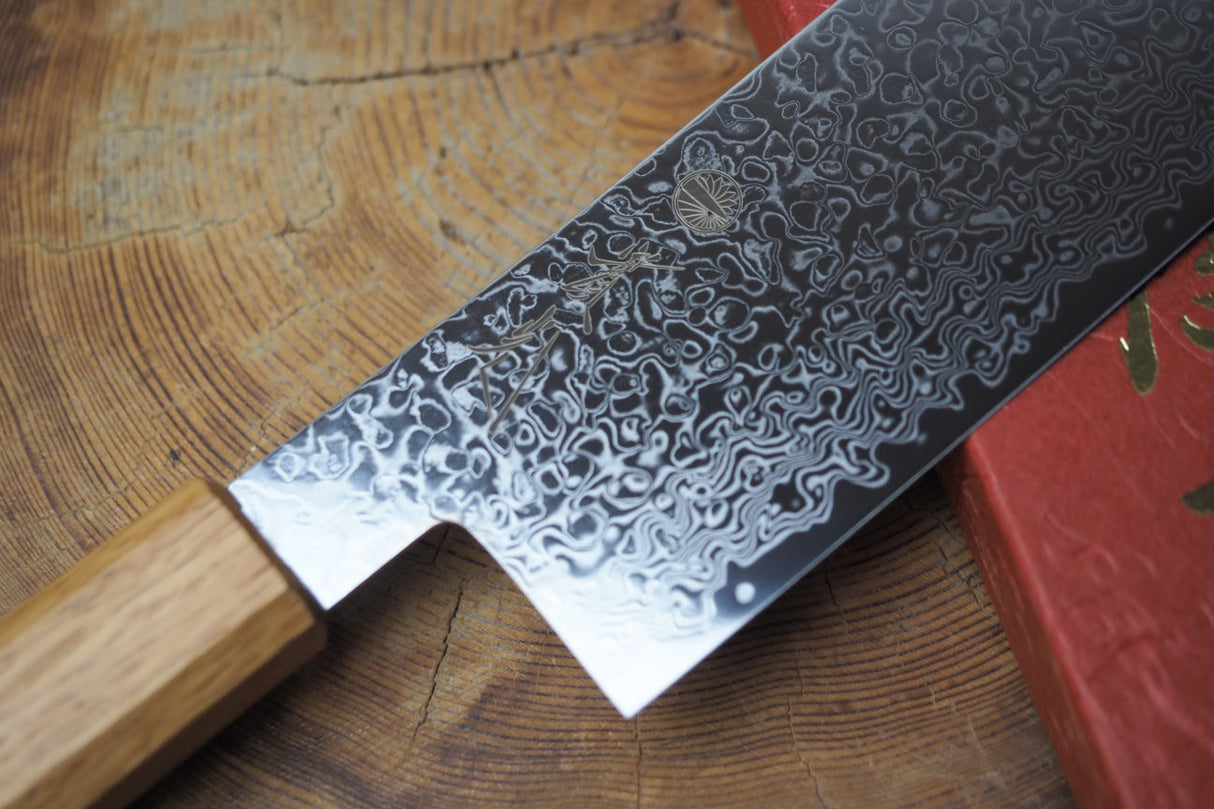 Sakai Jikko "Loco Damascus" Wa-Nakiri Knife SG2 Powdered High Speed Steel Mirror-Polished Nickel Damascus with Japanese Oak Handle (16.5cm)