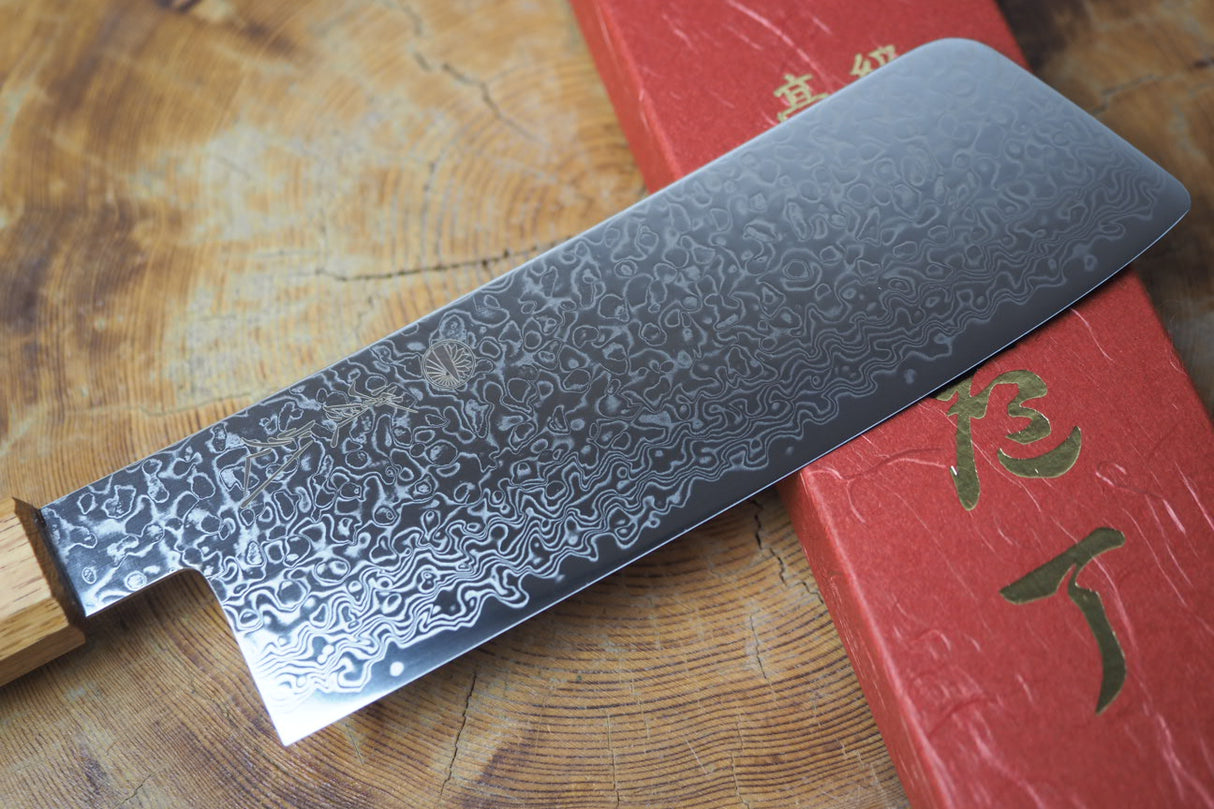 Sakai Jikko "Loco Damascus" Wa-Nakiri Knife SG2 Powdered High Speed Steel Mirror-Polished Nickel Damascus with Japanese Oak Handle (16.5cm)
