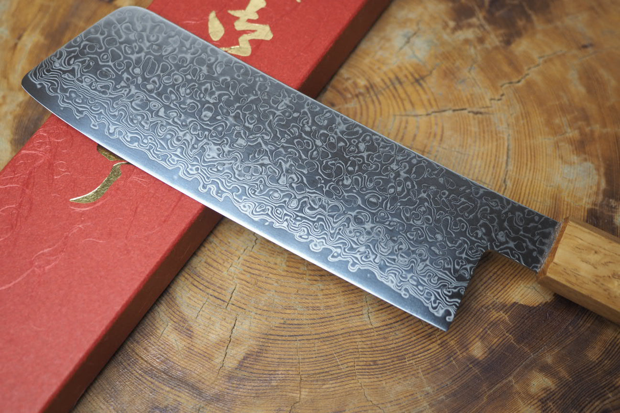 Sakai Jikko "Loco Damascus" Wa-Nakiri Knife SG2 Powdered High Speed Steel Mirror-Polished Nickel Damascus with Japanese Oak Handle (16.5cm)