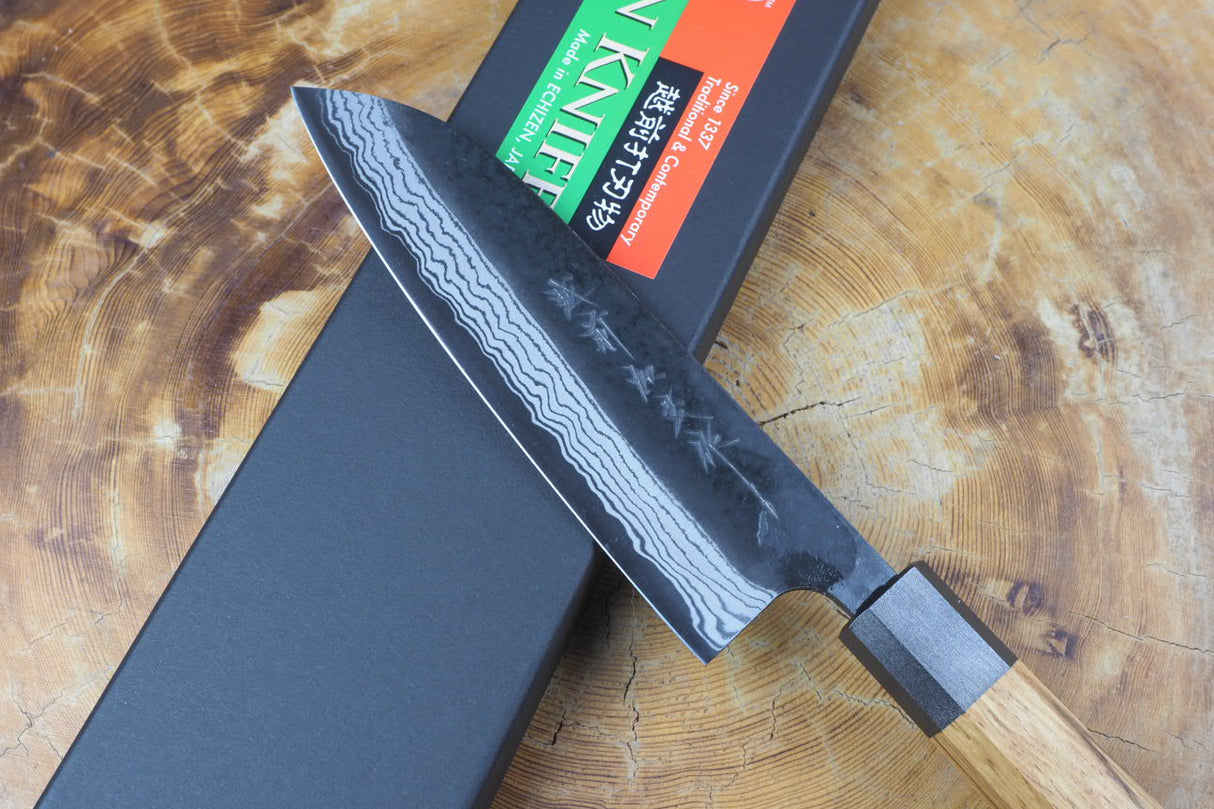 Kamo Knives - Hand Forged V2 Steel Kurouchi Damascus Santoku Knife 16.5cm