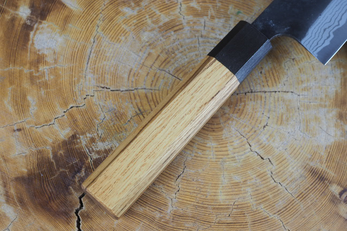 Kamo Knives - 2 Knife Set Hand Forged V2 Steel Kurouchi Damascus Santoku 16.5cm and Nakiri 16.5cm