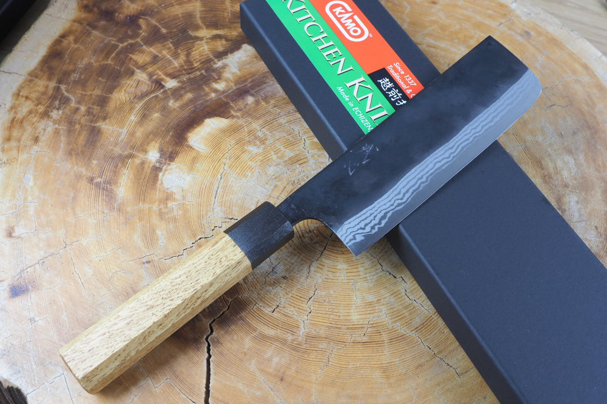 Kamo Knives - Hand Forged V2 Steel Kurouchi Damascus Nakiri Knife 16.5cm