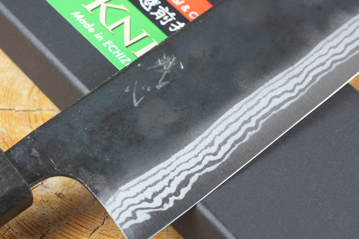 Kamo Knives - 2 Knife Set Hand Forged V2 Steel Kurouchi Damascus Santoku 16.5cm and Nakiri 16.5cm