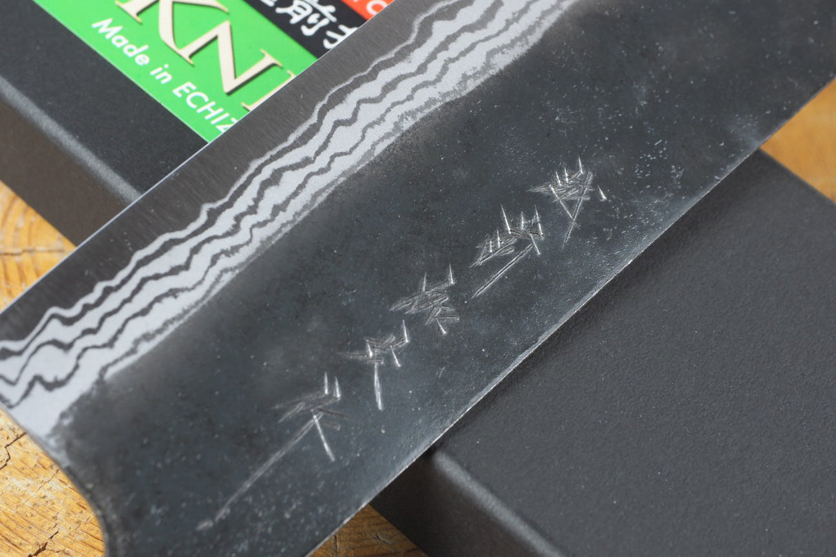 Kamo Knives - 2 Knife Set Hand Forged V2 Steel Kurouchi Damascus Santoku 16.5cm and Nakiri 16.5cm