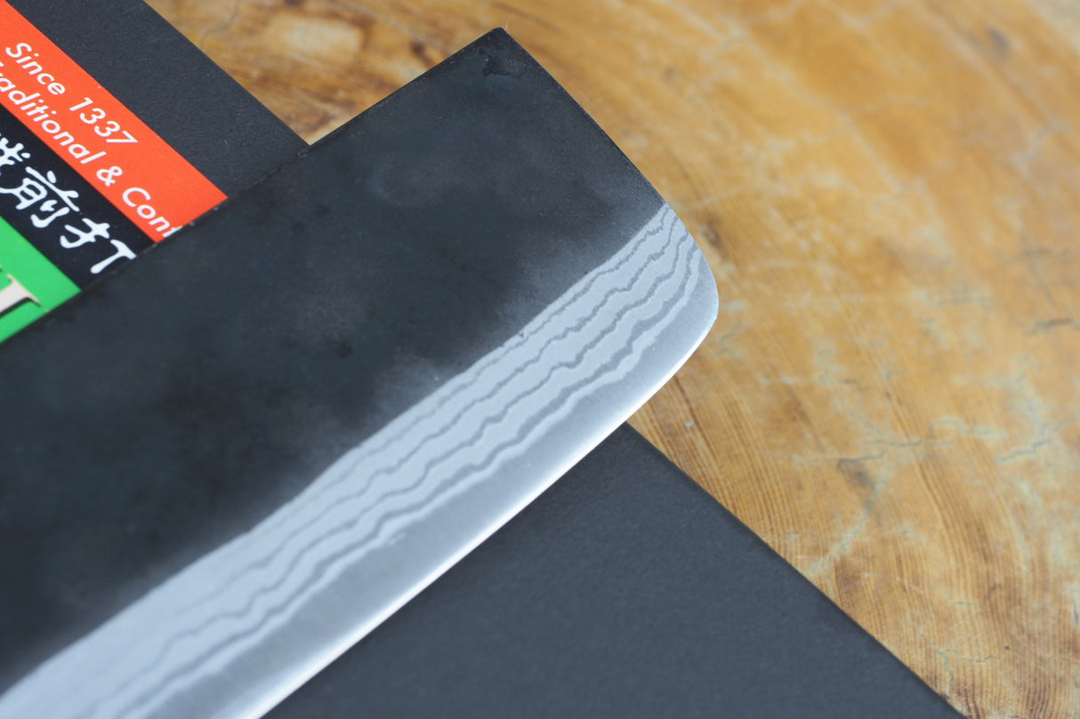 Kamo Knives - 2 Knife Set Hand Forged V2 Steel Kurouchi Damascus Santoku 16.5cm and Nakiri 16.5cm