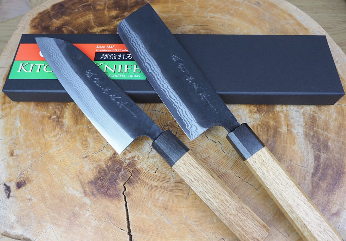 Kamo Knives - 2 Knife Set Hand Forged V2 Steel Kurouchi Damascus Santoku 16.5cm and Nakiri 16.5cm