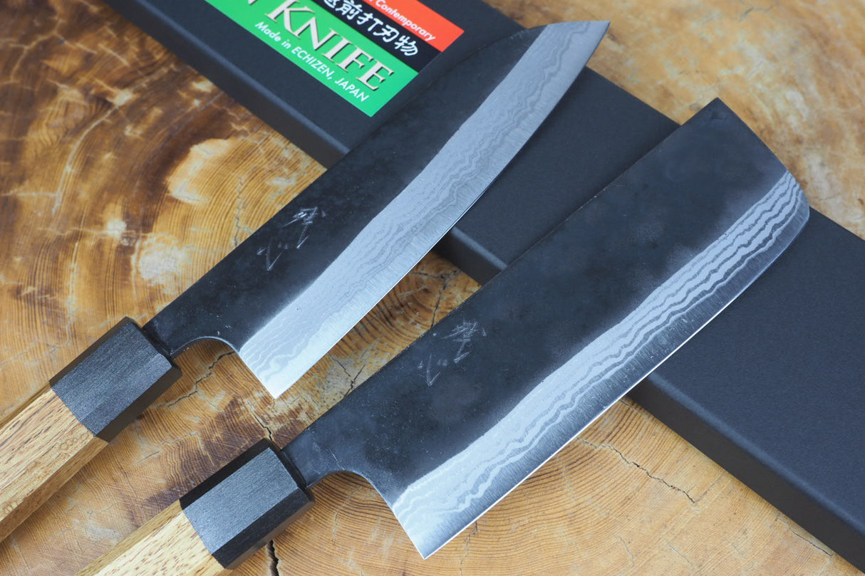 Kamo Knives - 2 Knife Set Hand Forged V2 Steel Kurouchi Damascus Santoku 16.5cm and Nakiri 16.5cm