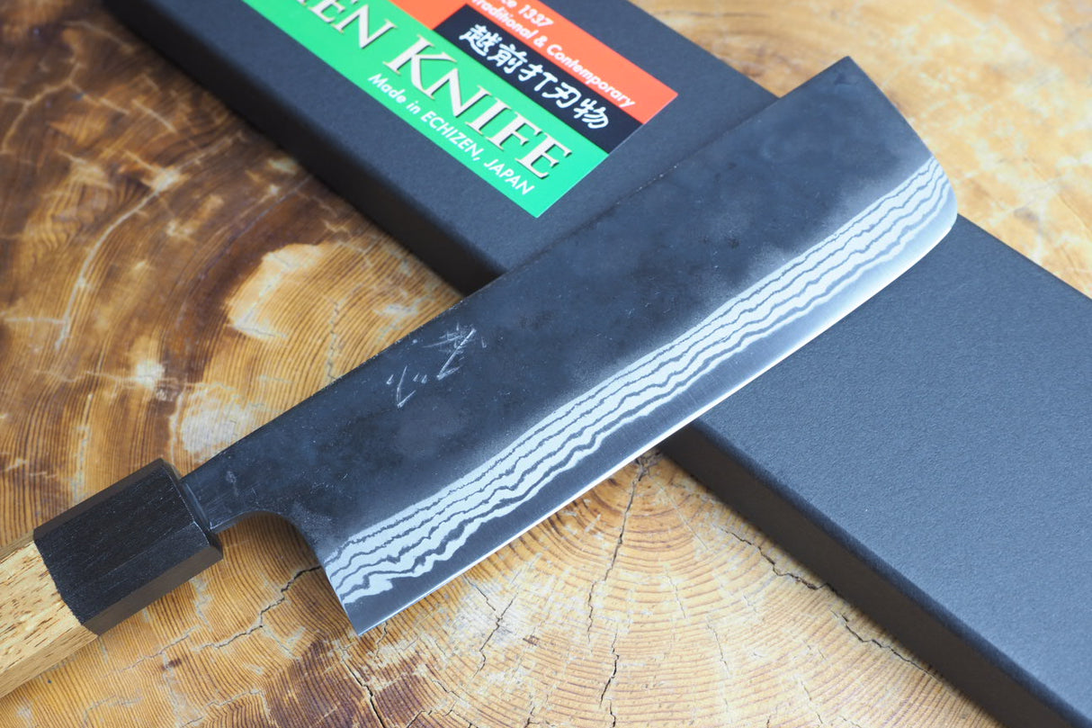 Kamo Knives - 2 Knife Set Hand Forged V2 Steel Kurouchi Damascus Santoku 16.5cm and Nakiri 16.5cm