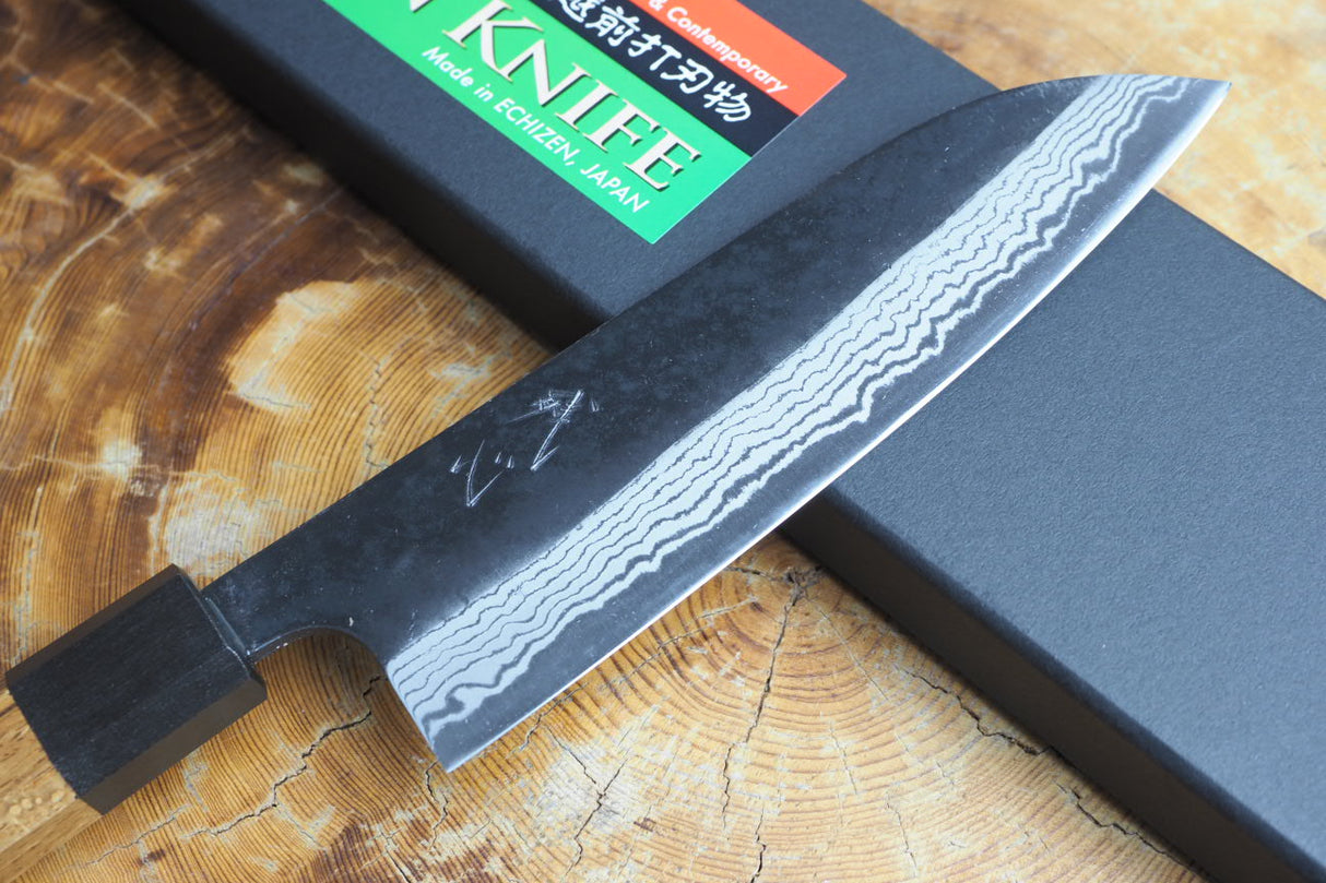 Kamo Knives - 2 Knife Set Hand Forged V2 Steel Kurouchi Damascus Santoku 16.5cm and Nakiri 16.5cm