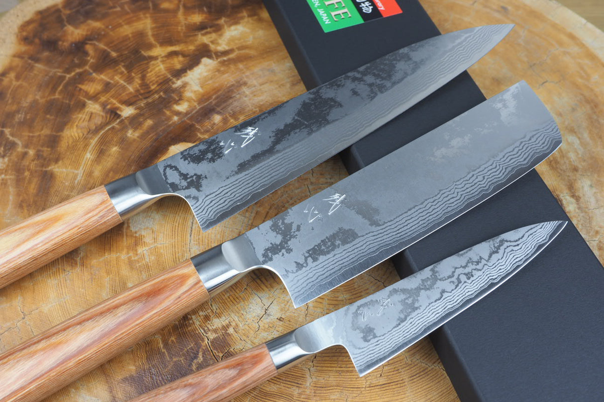 Kamo Knives - 3 Knife Set Hand Forged VG10 Damascus Gyuto 21cm, Nakiri 16cm and Petty 13.5cm