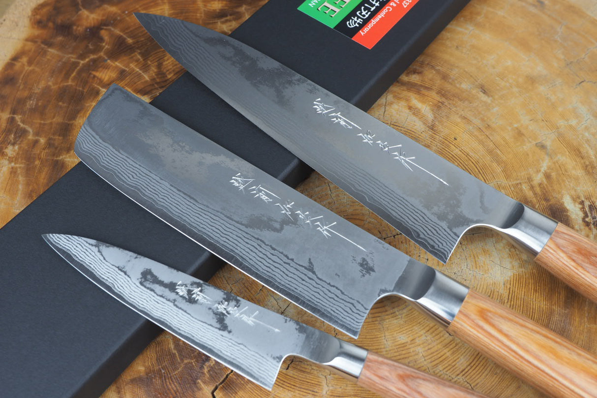 Kamo Knives - 3 Knife Set Hand Forged VG10 Damascus Gyuto 21cm, Nakiri 16cm and Petty 13.5cm