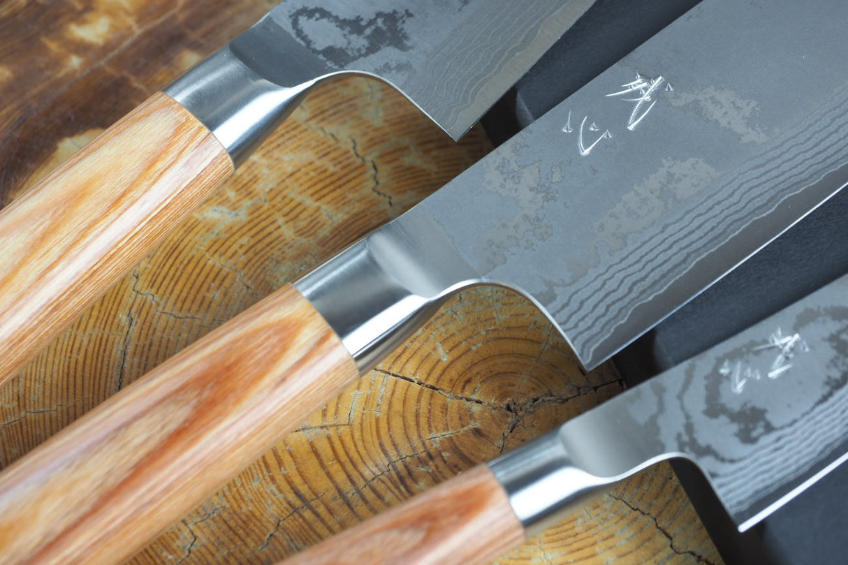 Kamo Knives - 3 Knife Set Hand Forged VG10 Damascus Gyuto 21cm, Nakiri 16cm and Petty 13.5cm