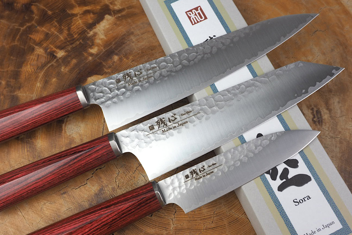 Zan Shin SORA Red 3 knife set - VG10 Gyuto (20cm), Bunka (18cm) and Petty (12cm)