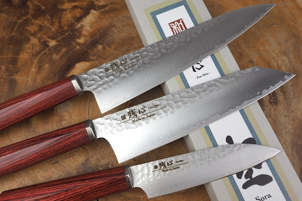 Zan Shin SORA Red 3 knife set - VG10 Gyuto (20cm), Bunka (18cm) and Petty (12cm)