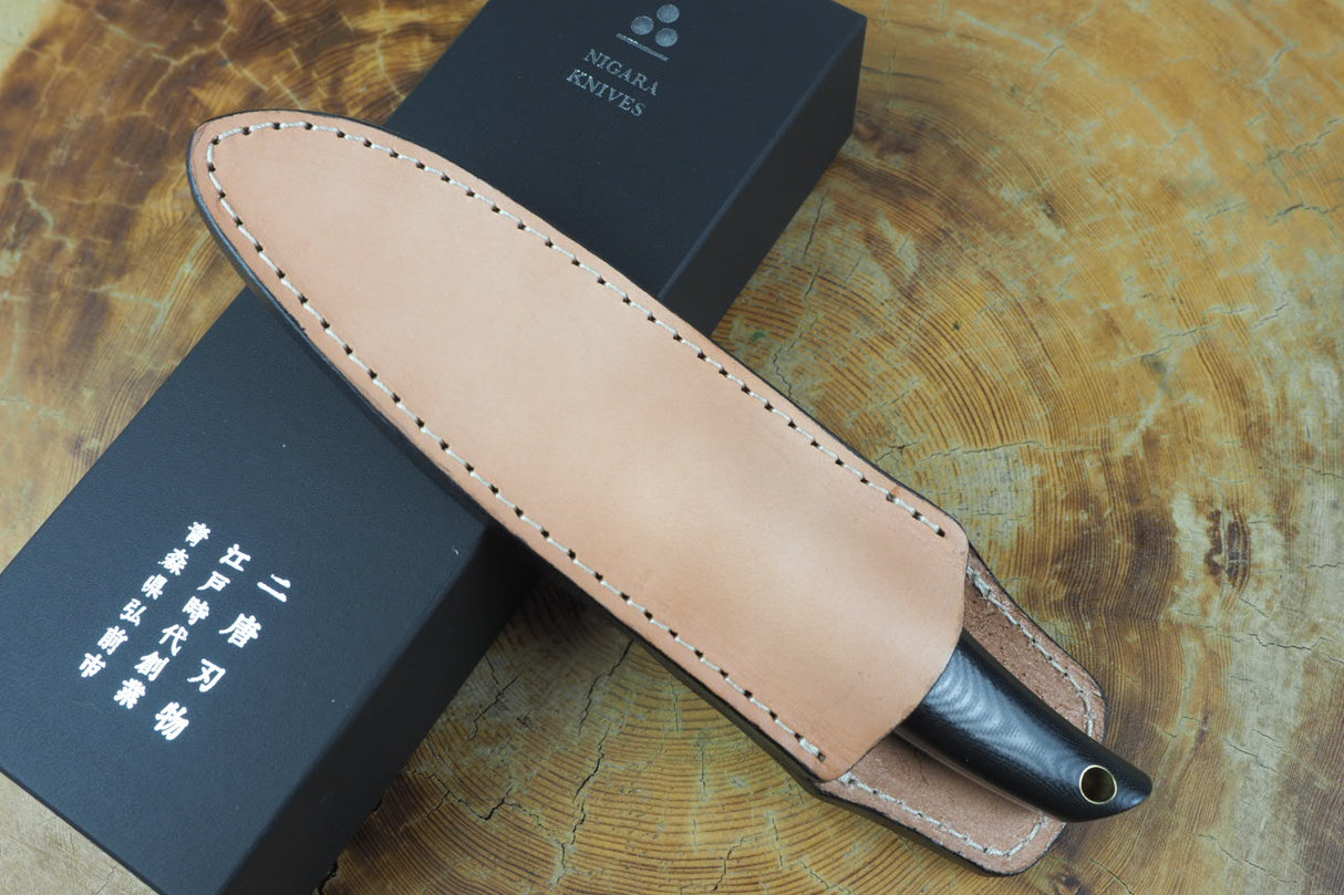 Nigara Hamono - VG XEOS Damascus Outdoor Knife with G10 Handle (leather sheath included)