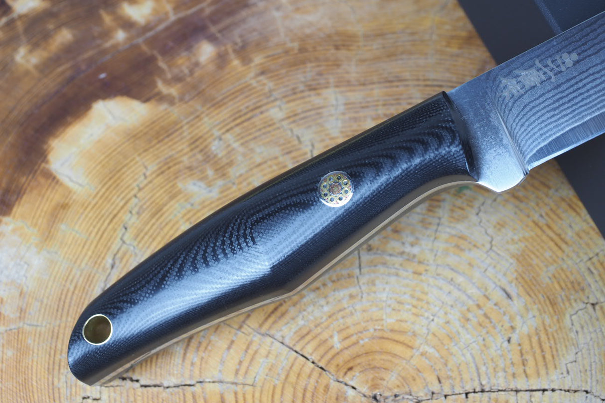 Nigara Hamono - VG XEOS Damascus Outdoor Knife with G10 Handle (leather sheath included)