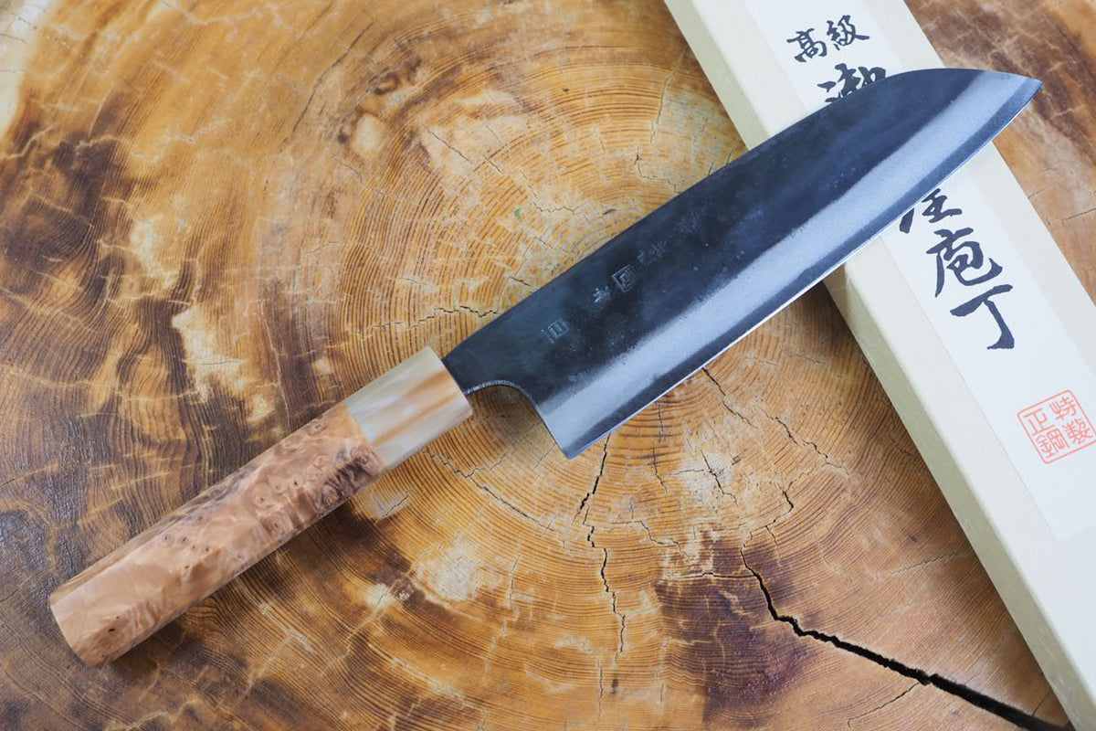 Tosa Tadayoshi (from Tosa) - Hand Forged Kurouchi White-1 steel Santoku with Quince handle