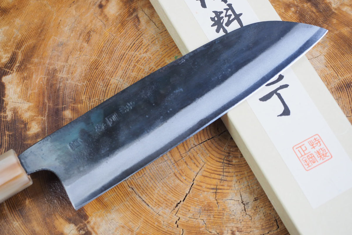 Tosa Tadayoshi (from Tosa) - Hand Forged Kurouchi White-1 steel Santoku with Quince handle
