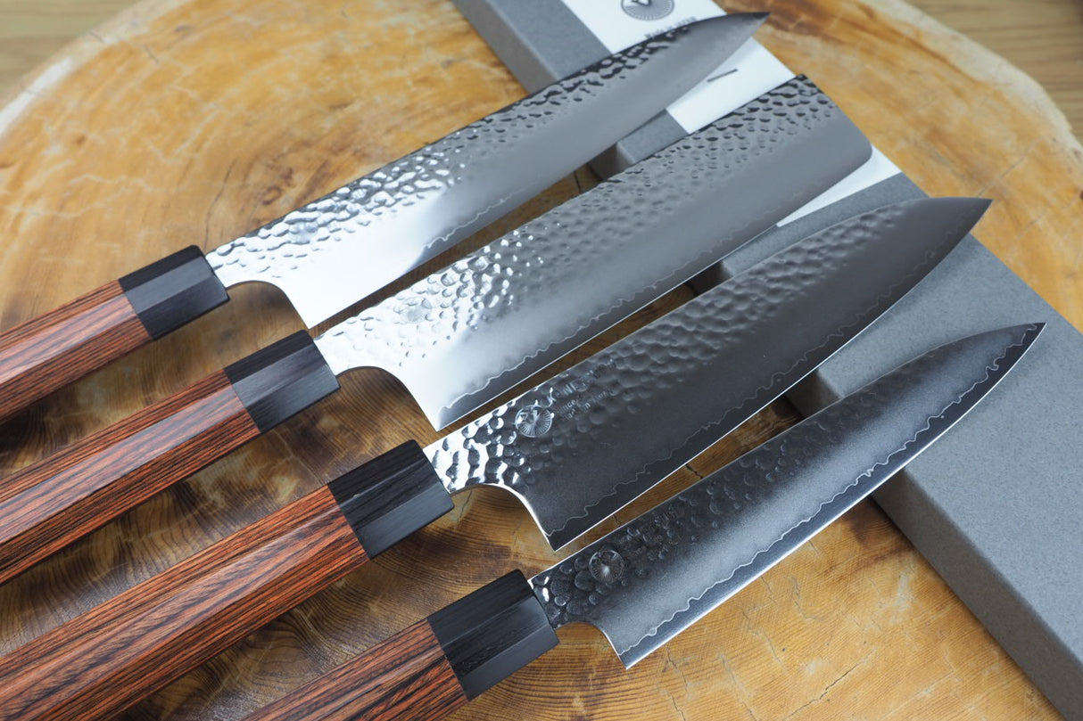 Seki Kanetsugu - Heptagon Wood 4 knife Set VG10 Steel Gyuto, Santoku, Nakiri and Petty
