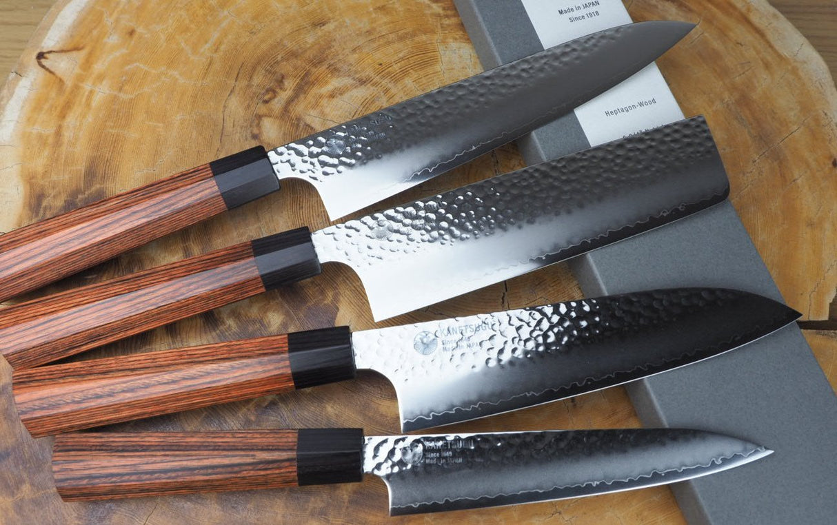 Seki Kanetsugu - Heptagon Wood 4 knife Set VG10 Steel Gyuto, Santoku, Nakiri and Petty