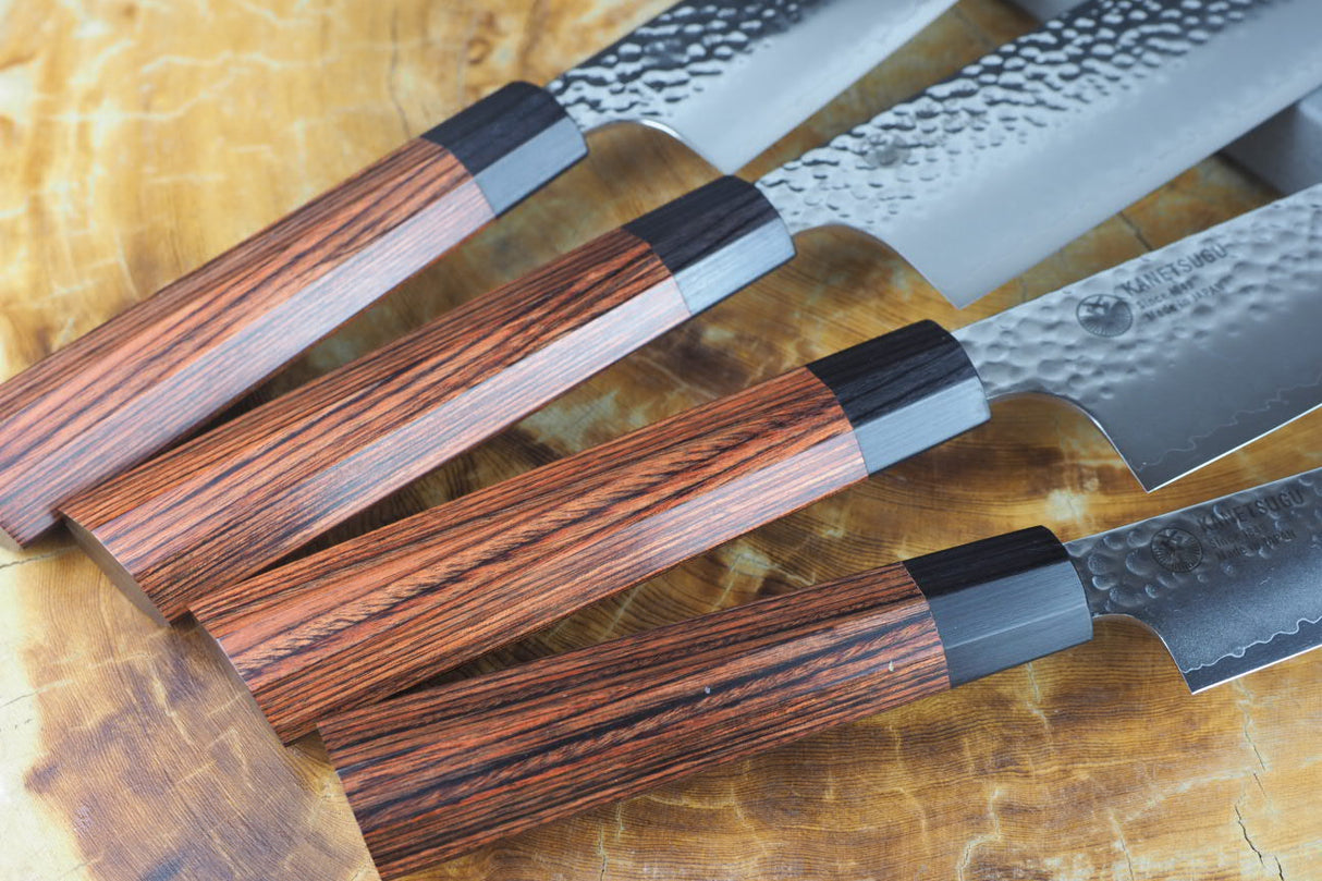 Seki Kanetsugu - Heptagon Wood 4 knife Set VG10 Steel Gyuto, Santoku, Nakiri and Petty