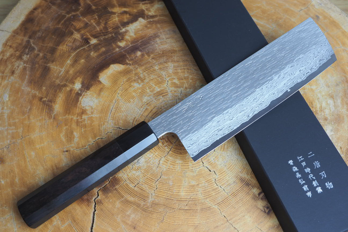 Nigara Hamono - VG XEOS Damascus Nakiri with Ebony Handle 17cm