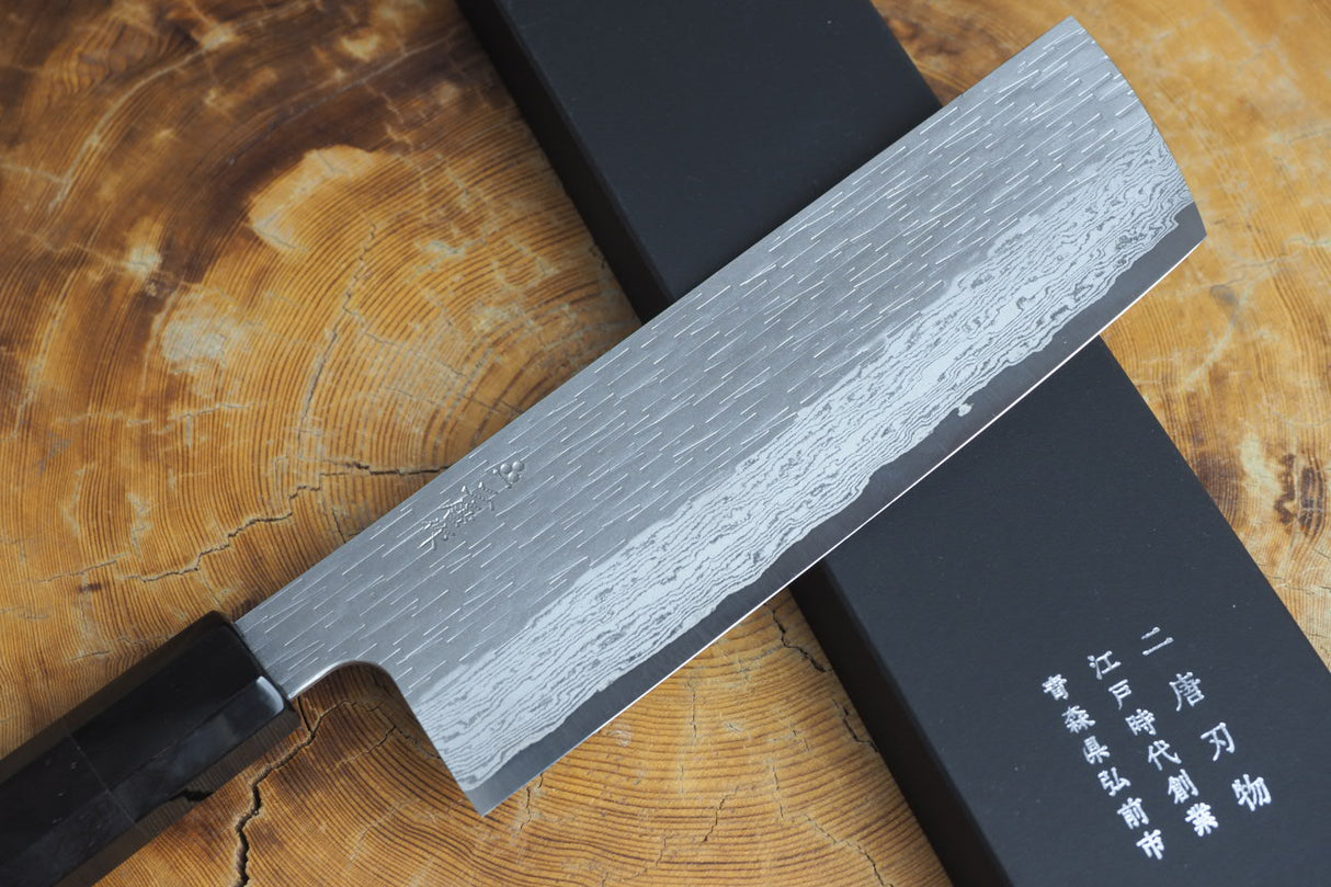 Nigara Hamono - VG XEOS Damascus Nakiri with Ebony Handle 17cm