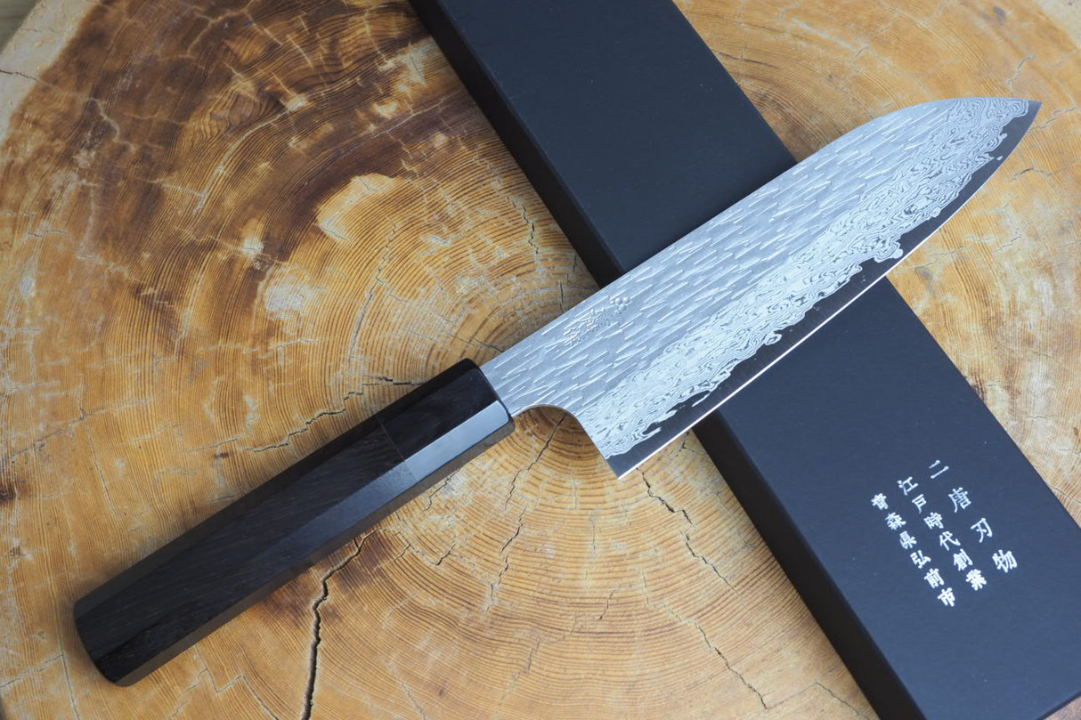 Nigara Hamono - VG XEOS Damascus Santoku with Ebony Handle 17cm