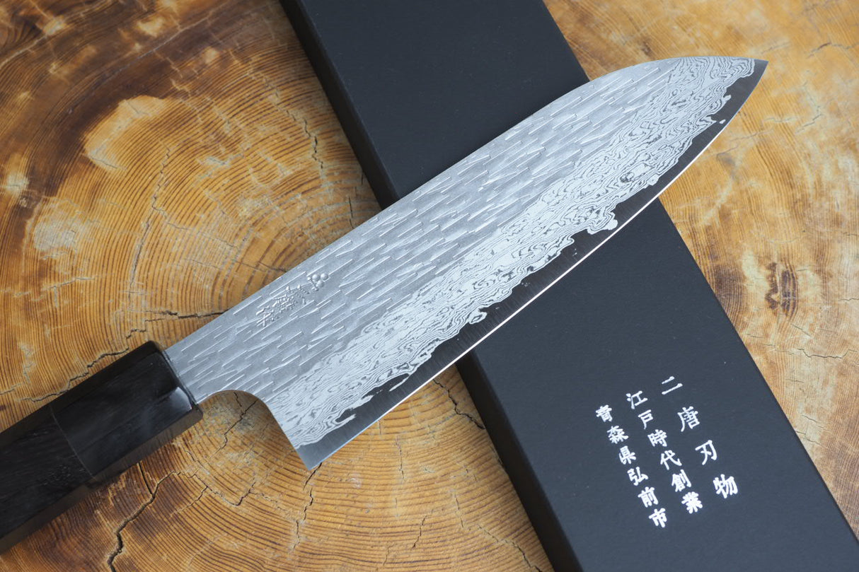 Nigara Hamono - VG XEOS Damascus Santoku with Ebony Handle 17cm