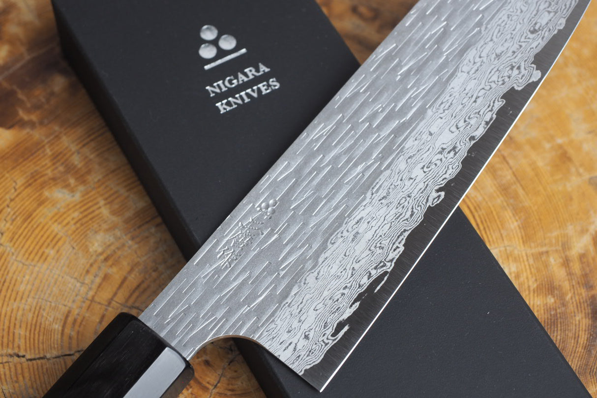 Nigara Hamono - VG XEOS Damascus Santoku with Ebony Handle 17cm