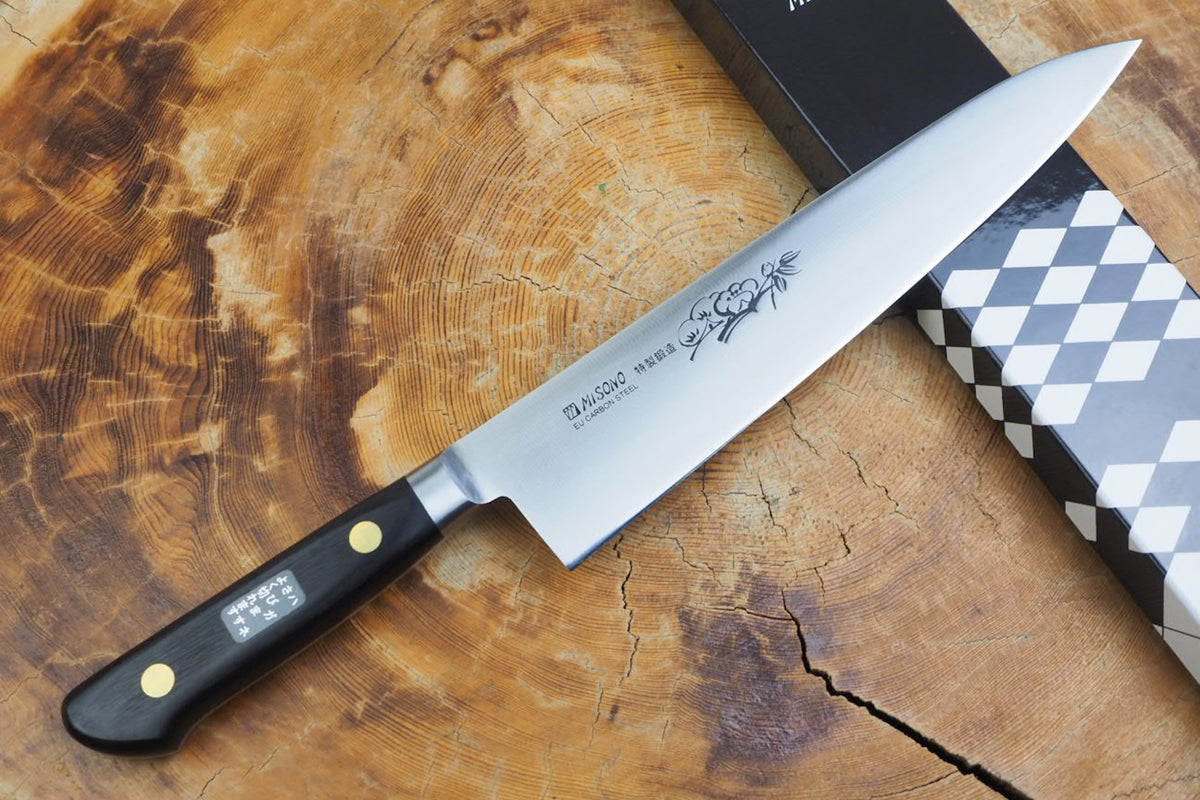 Misono EU Carbon Steel Gyuto Chef's Knife with Dragon/Flower Engraving (21cm/24cm)