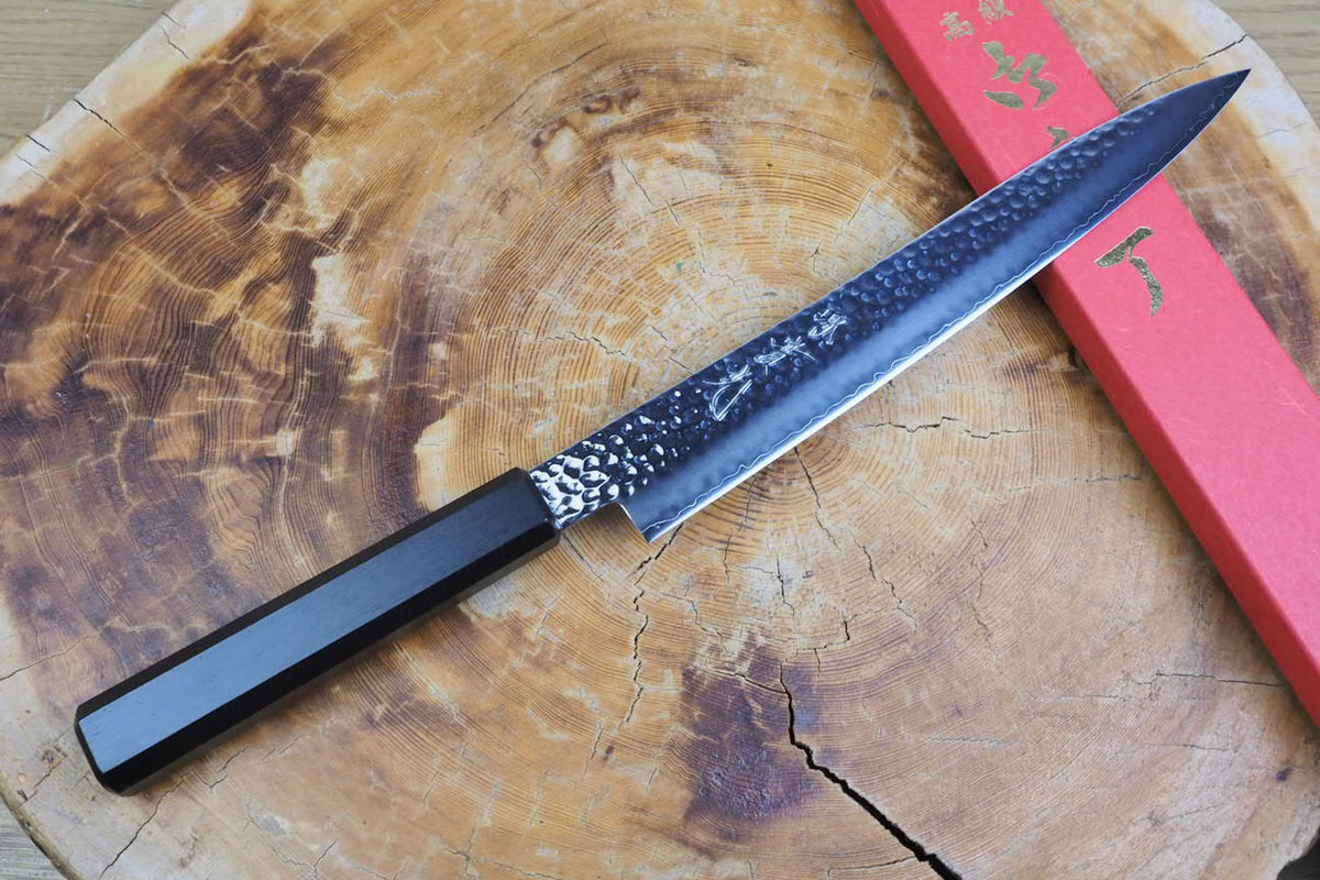 Sakai Jikko "Loco Black" Wa-Sujihiki (Carving/Slicer) VG10 Core Hammered Finish Black Japanese Oak Handle (24cm)