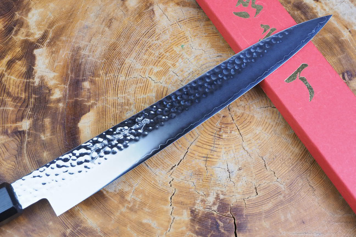 Sakai Jikko "Loco Black" Wa-Sujihiki (Carving/Slicer) VG10 Core Hammered Finish Black Japanese Oak Handle (24cm)
