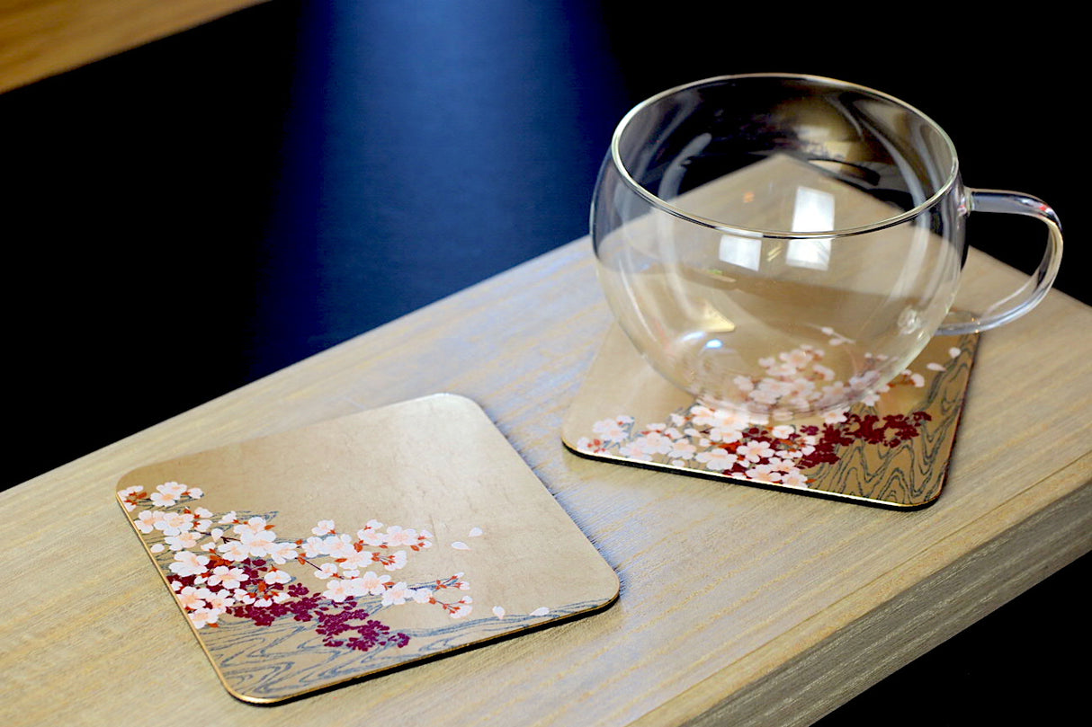 Gold Leaf Coaster - Cherry Blossom over waterflow (9.5cm x 9.5cm)