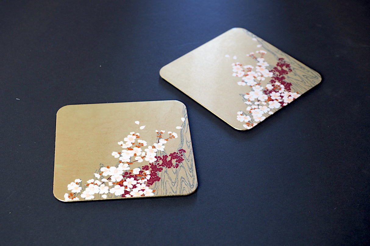 Gold Leaf Coaster - Cherry Blossom over waterflow (9.5cm x 9.5cm)