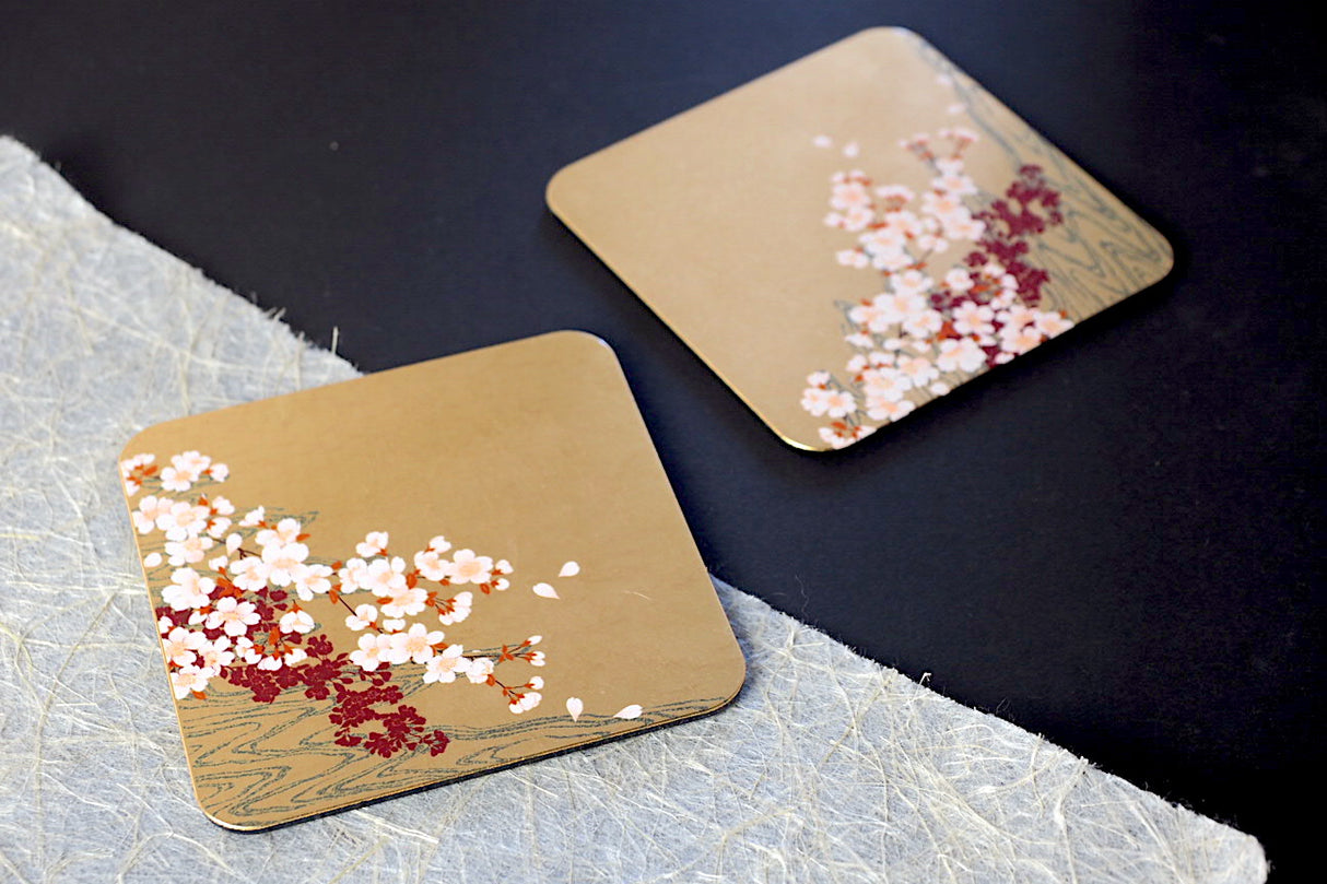 Gold Leaf Coaster - Cherry Blossom over waterflow (9.5cm x 9.5cm)