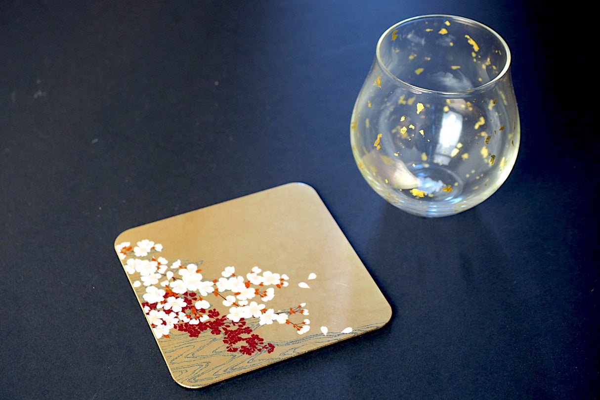 Gold Leaf Coaster - Cherry Blossom over waterflow (9.5cm x 9.5cm)