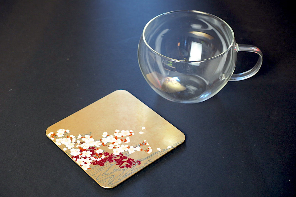 Gold Leaf Coaster - Cherry Blossom over waterflow (9.5cm x 9.5cm)