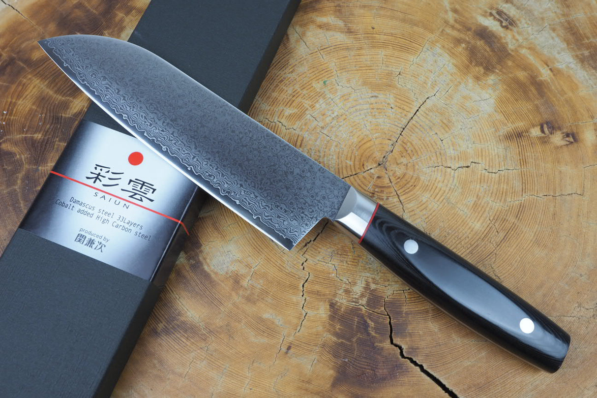 Seki Kanetsugu - Saiun Santoku VG10 Damascus with Micarta handle 17cm