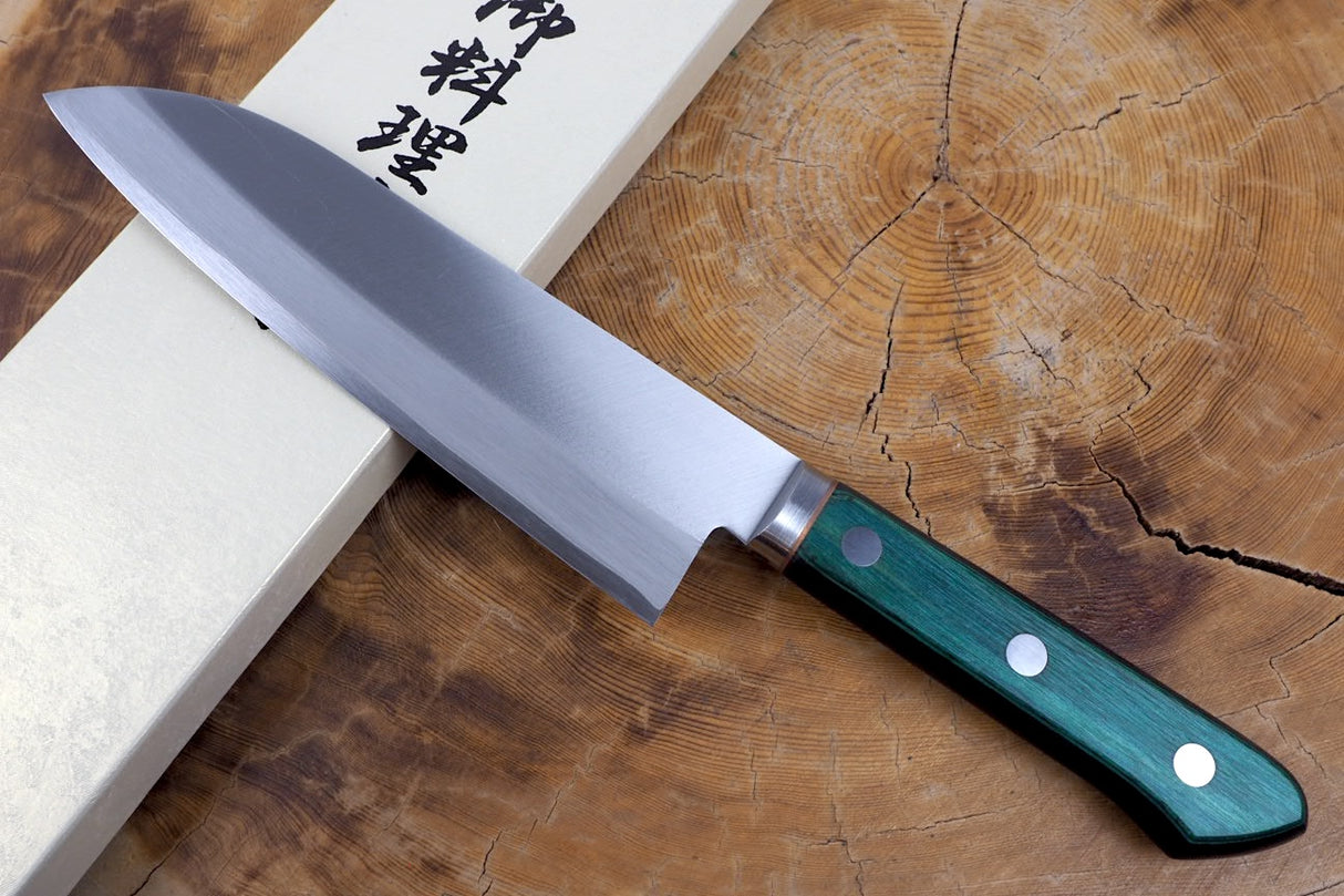 Sakai Jikko CT750 Blue-2 Steel Santoku Knife with Green Plywood handle (16.5cm)