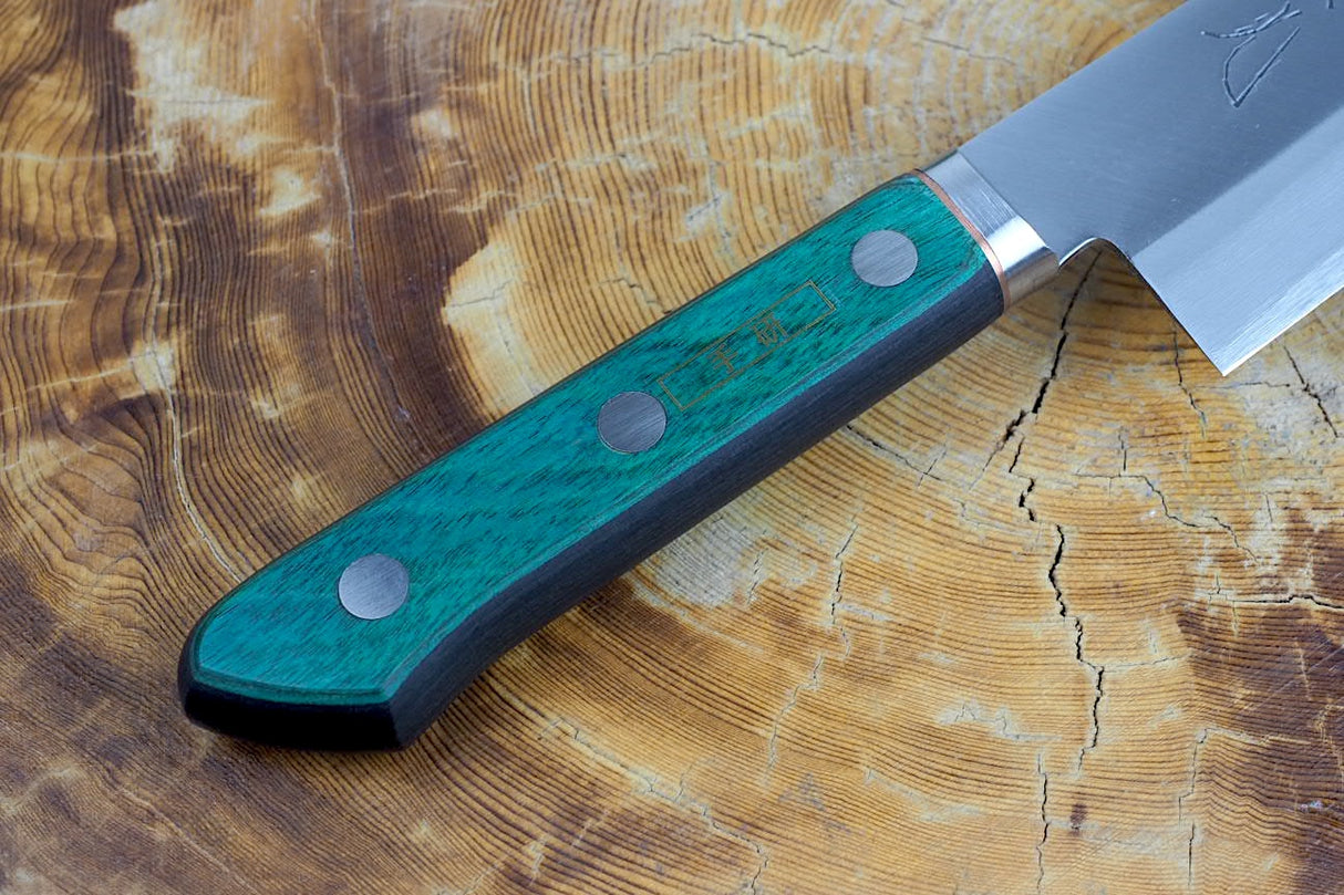 Sakai Jikko CT750 Blue-2 Steel Santoku Knife with Green Plywood handle (16.5cm)