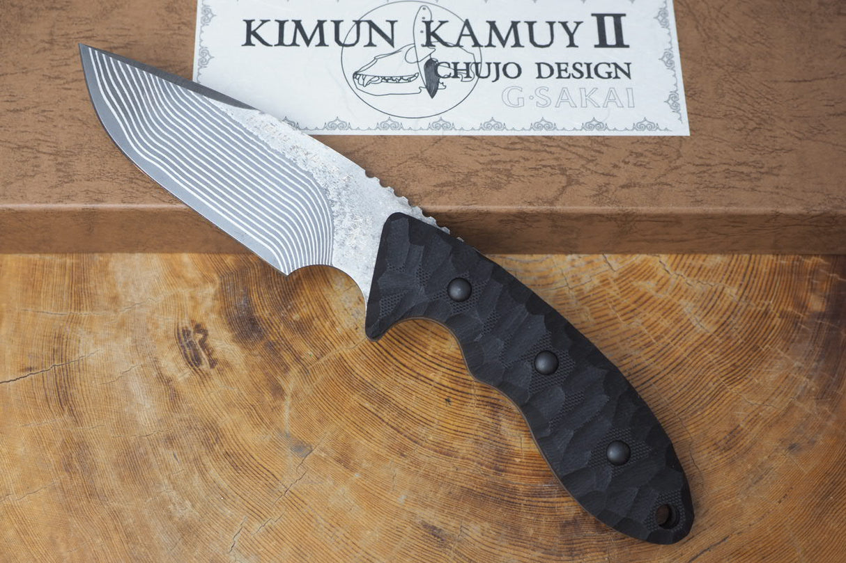 Outdoor Knife - KIMUN KAMUY 2 Fixed VG10 Core Damascus Steel with G-10 Handle (Leather Sheath Included)