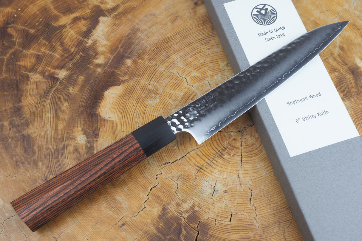 Seki Kanetsugu - Heptagon Wood Petty Knife VG10 Steel hammered finish 15cm